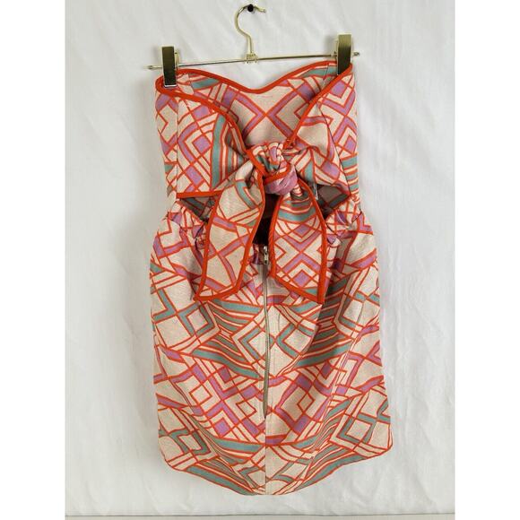 Judith March Mini Dress Retro Strapless Bow 70's Geometric Orange Women's Large - Picture 3 of 8